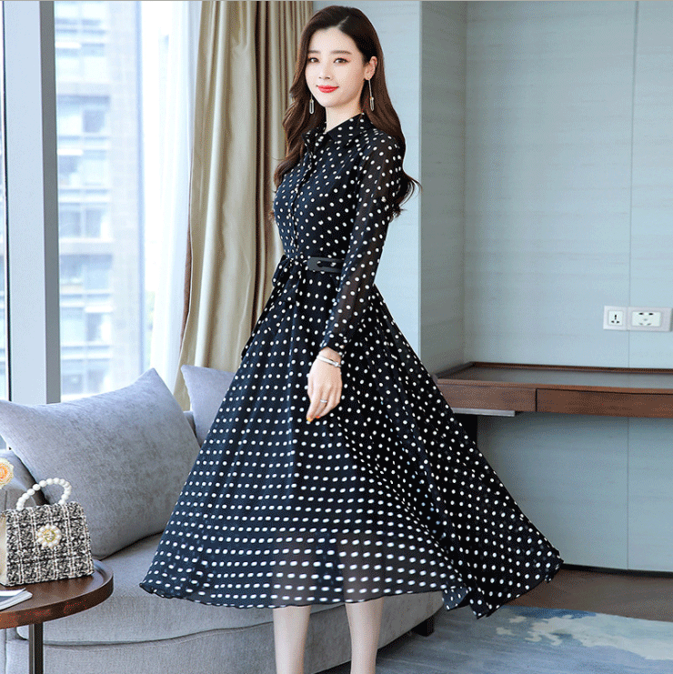 实拍2269#2019早秋新款流行女装裙子波点雪纺连衣裙气质长裙女