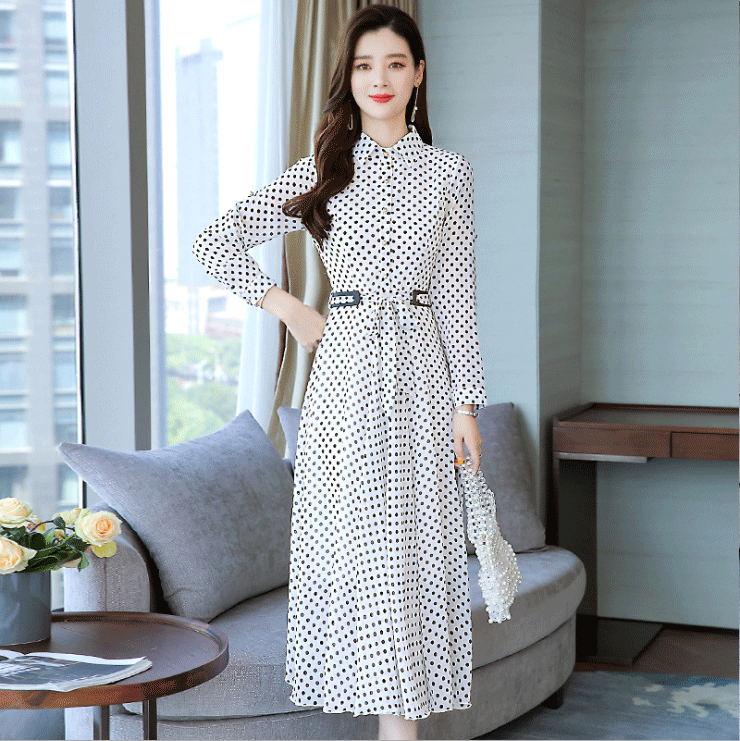 实拍2269#2019早秋新款流行女装裙子波点雪纺连衣裙气质长裙女