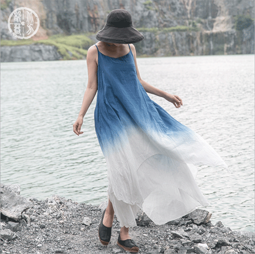 北方部落 2019夏装新款 棉麻原创女装 吊染双层吊带裙文艺连衣裙